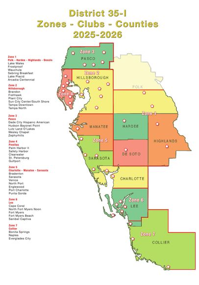 A map of the state of florida showing zones clubs and counties