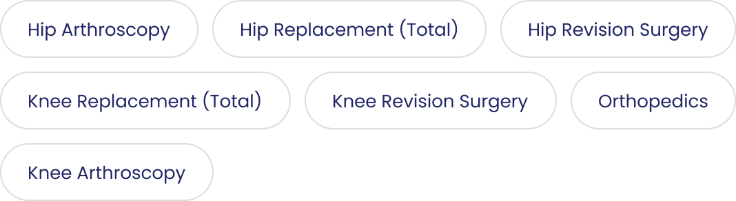 Specialised in Hip Anthrosospy, Hip Replacement, Hip Revision Surgery, Knee Replacement, Knee Revision Surgery, Orthopedics, Knee Anthroscopy