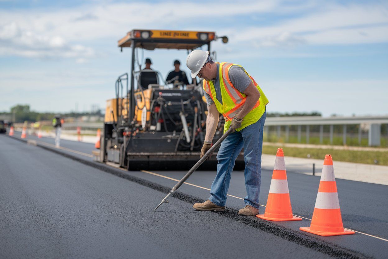 A construction worker is laying asphalt on a road.