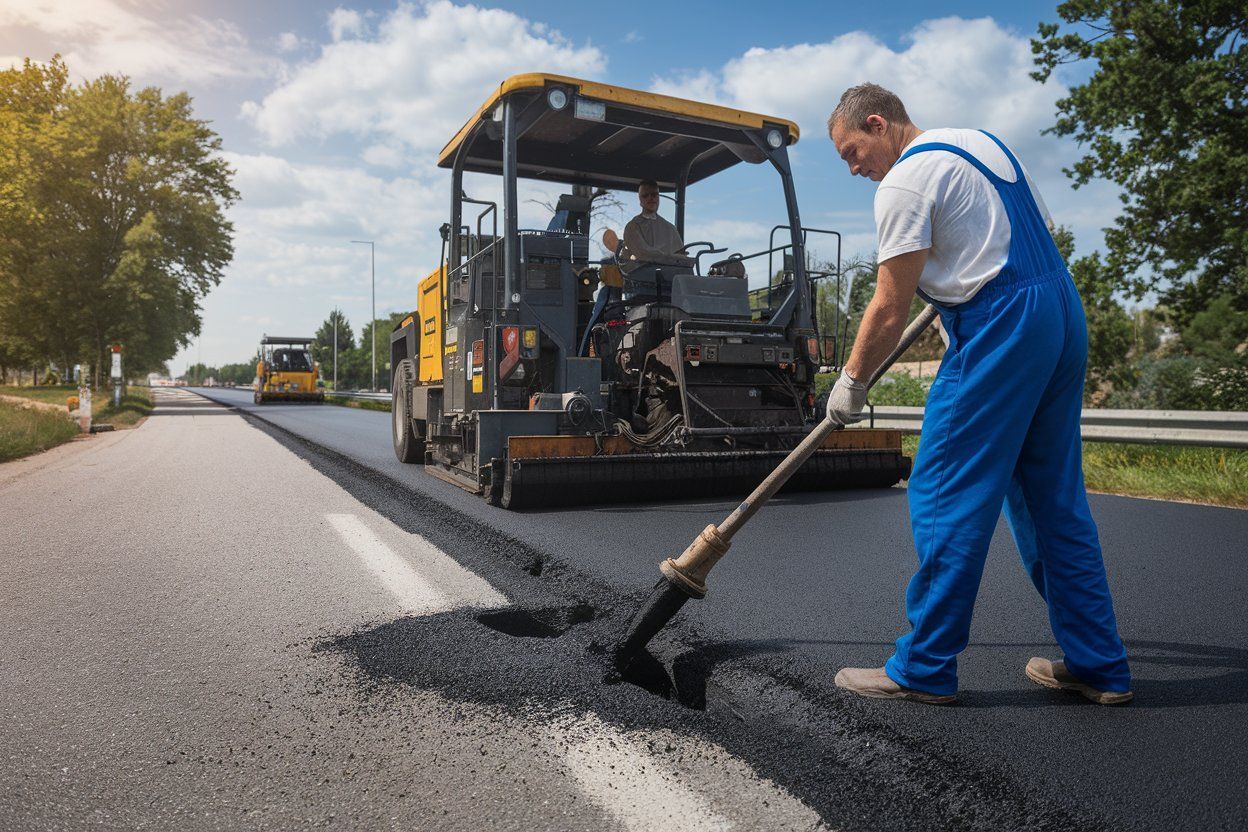 A man is spreading asphalt on a road with a shovel.