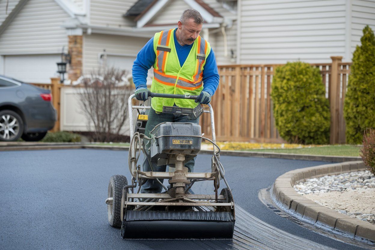 A man is using a machine to spread asphalt on a street.
