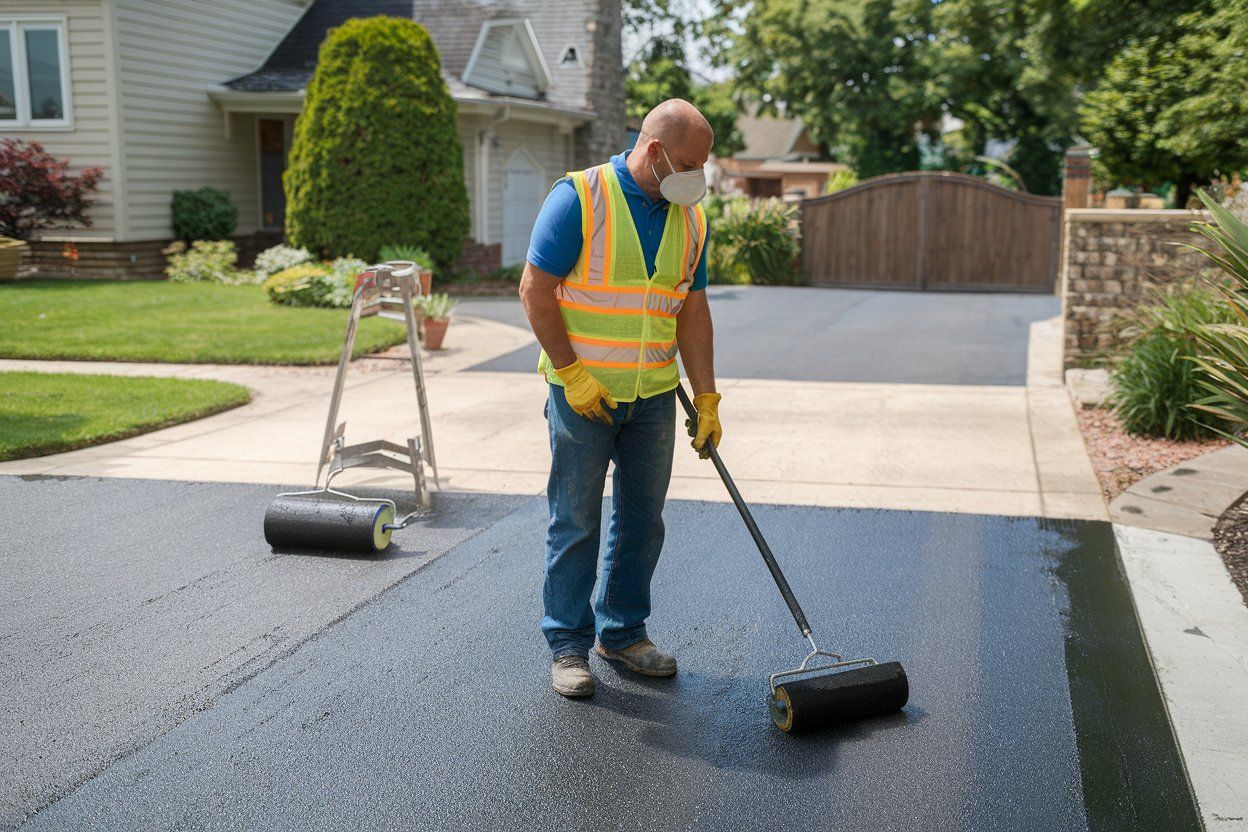 A man wearing a mask is applying asphalt to a driveway.
