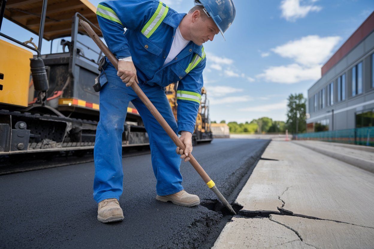 A man is using a shovel to spread asphalt on a road.