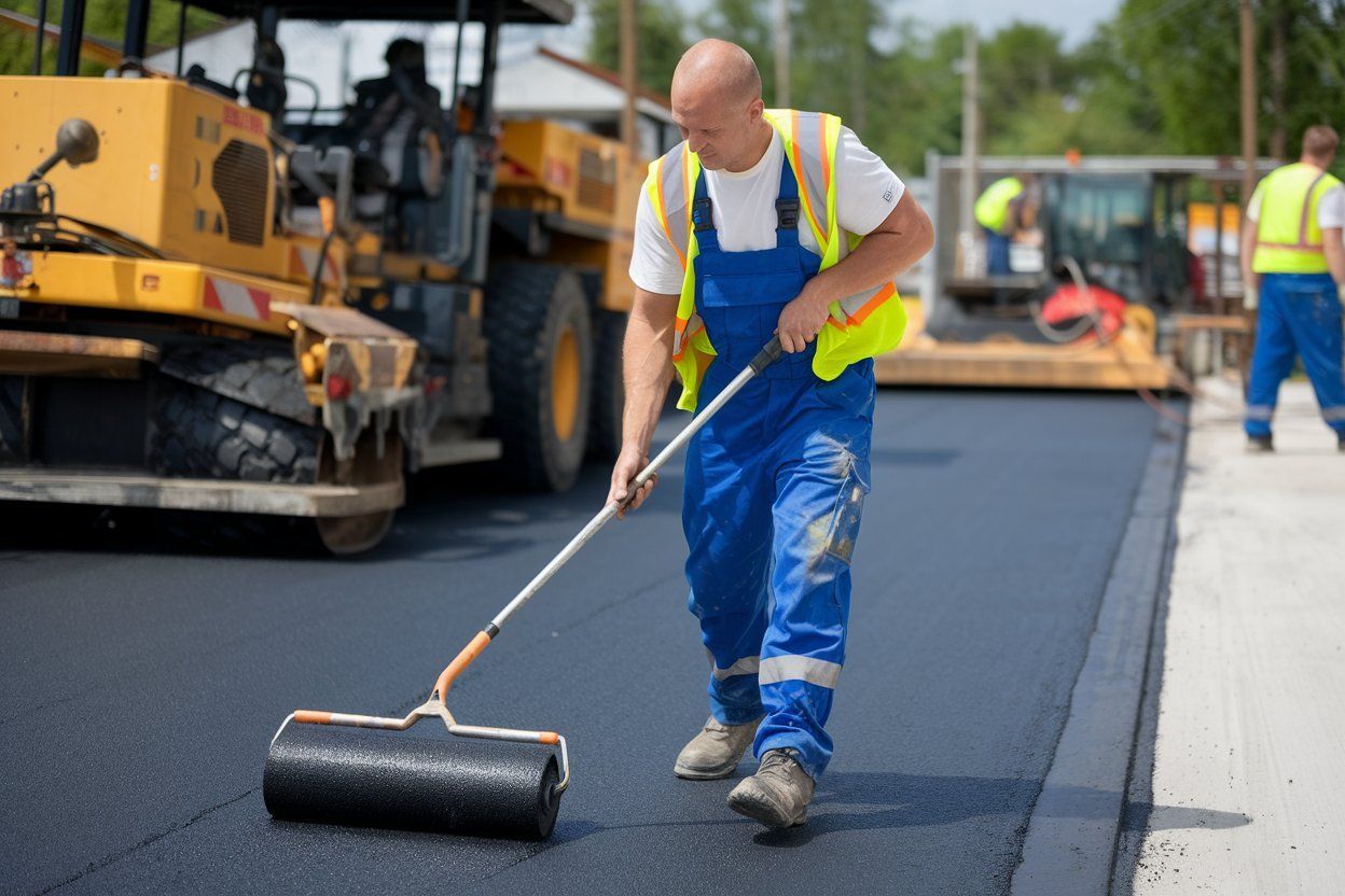 A man is using a roller to spread asphalt on a road.
