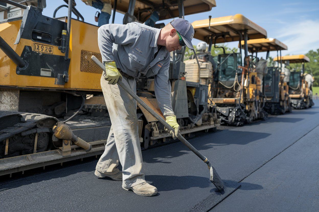 A man is using a broom to spread asphalt on a road.