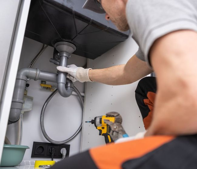 A man is fixing a sink with a drill.