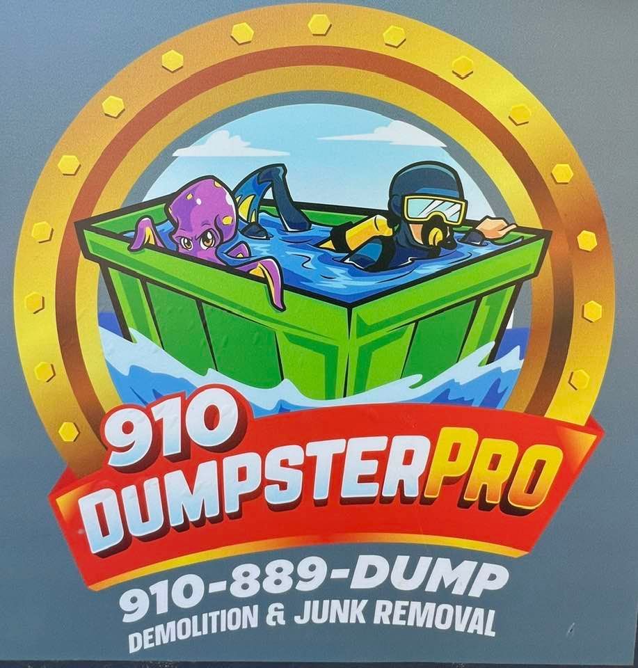 Logo: Diver and octopus in a dumpster, waves, gold border, 