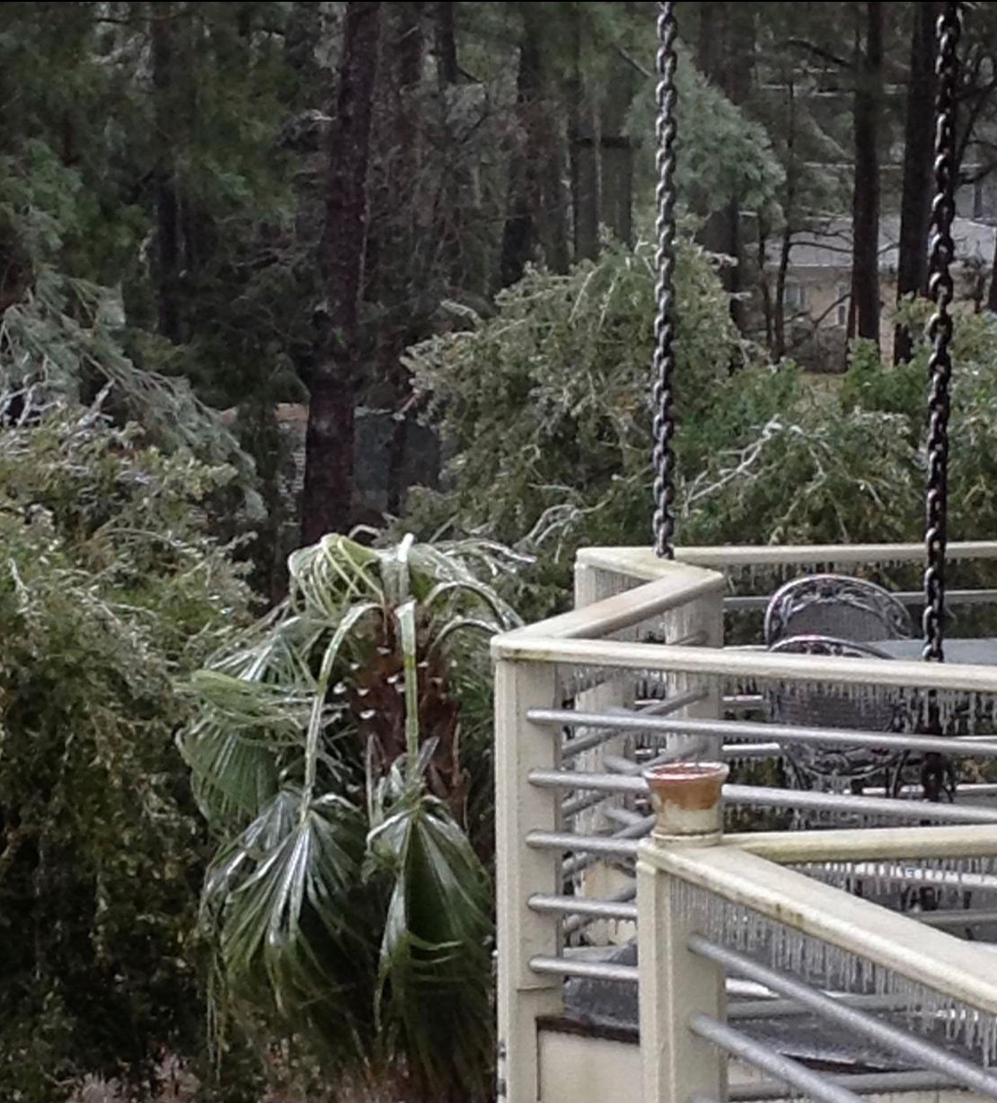 Ice-covered trees and patio railings; outdoor setting with dangling chains and a small pot.