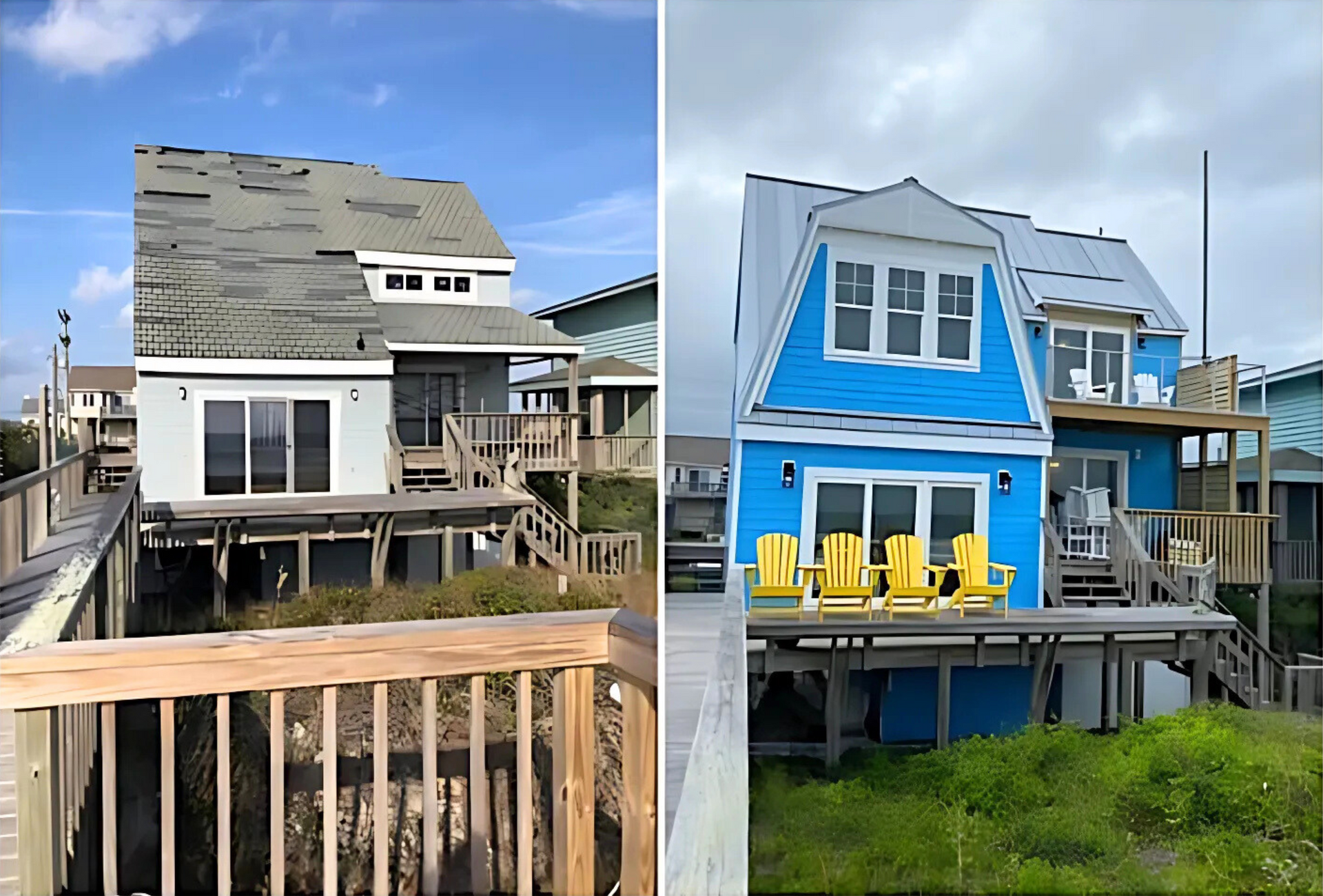 Before and after photos of a beach house with damaged gray roof, then newly painted blue. Yellow chairs on the deck.