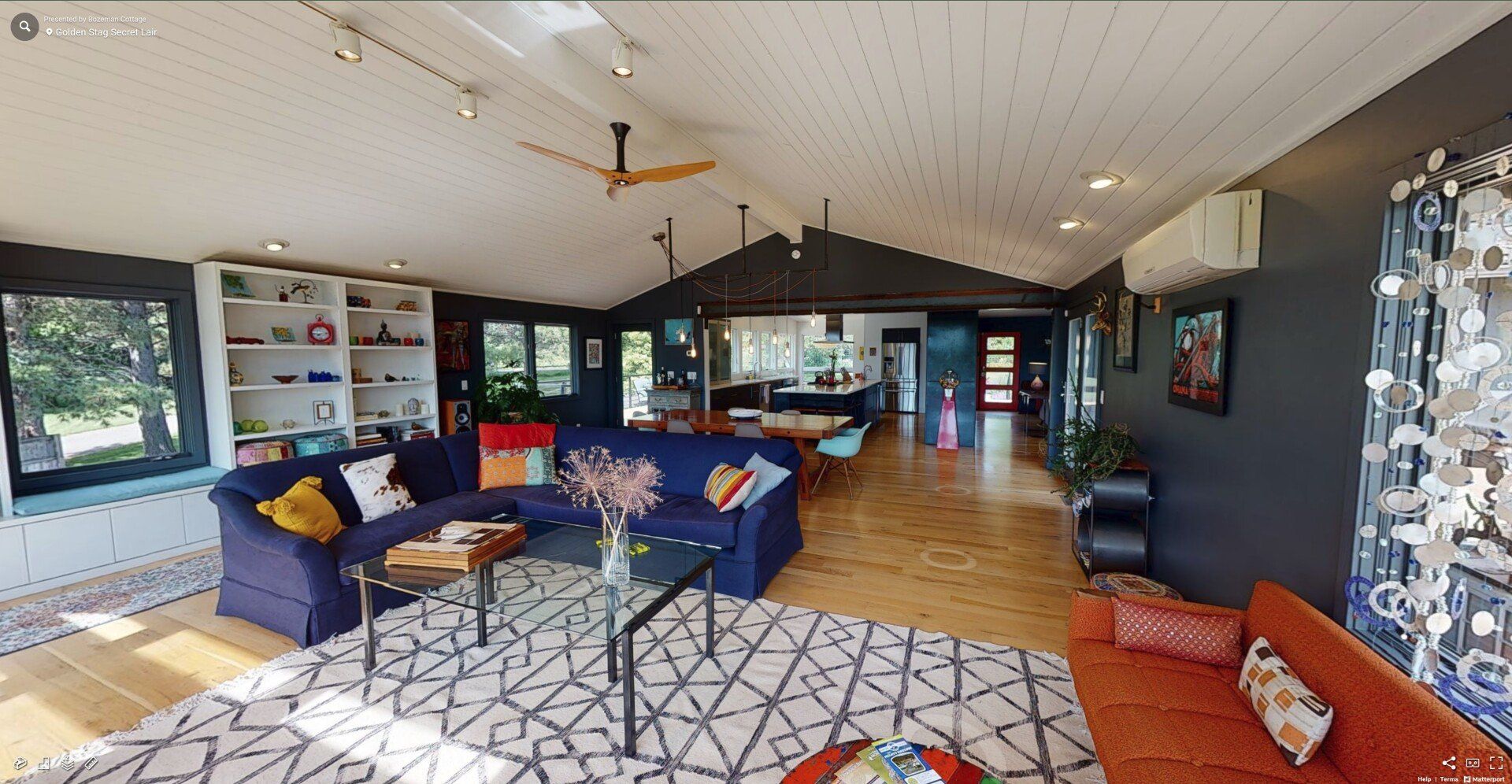 Staged room with bold colors and patterns.