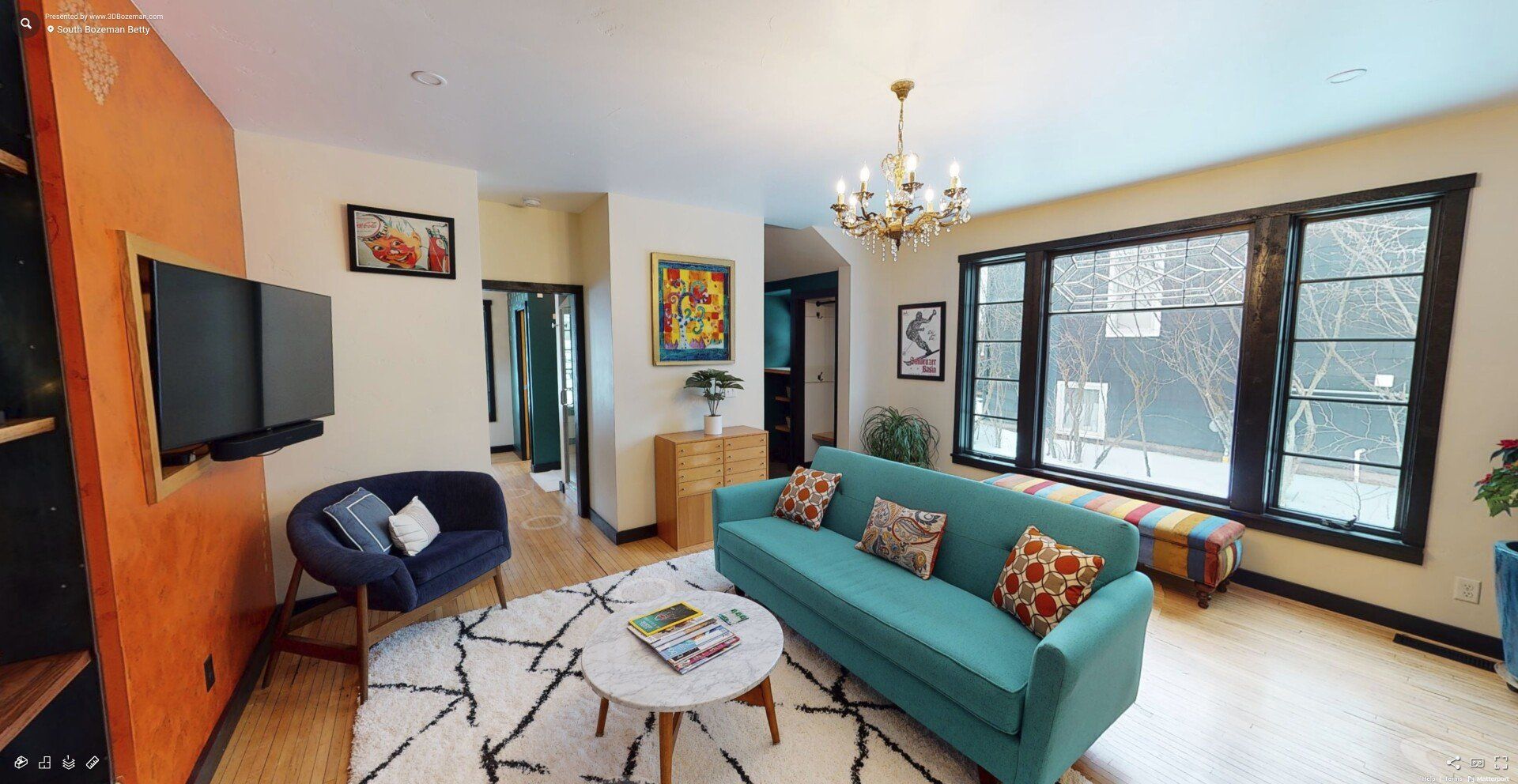 Staged room with bold colors and patterns.