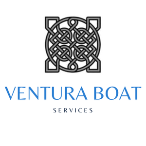 Logo for Ventura Boat Services: Celtic knot design above blue text.
