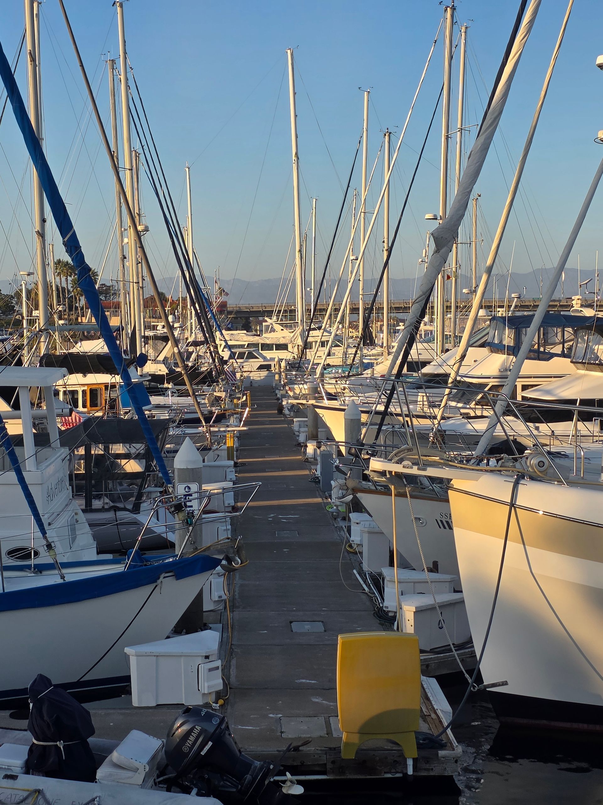 Boats docked in a harbor, masts reaching upwards, a pathway between the boats.