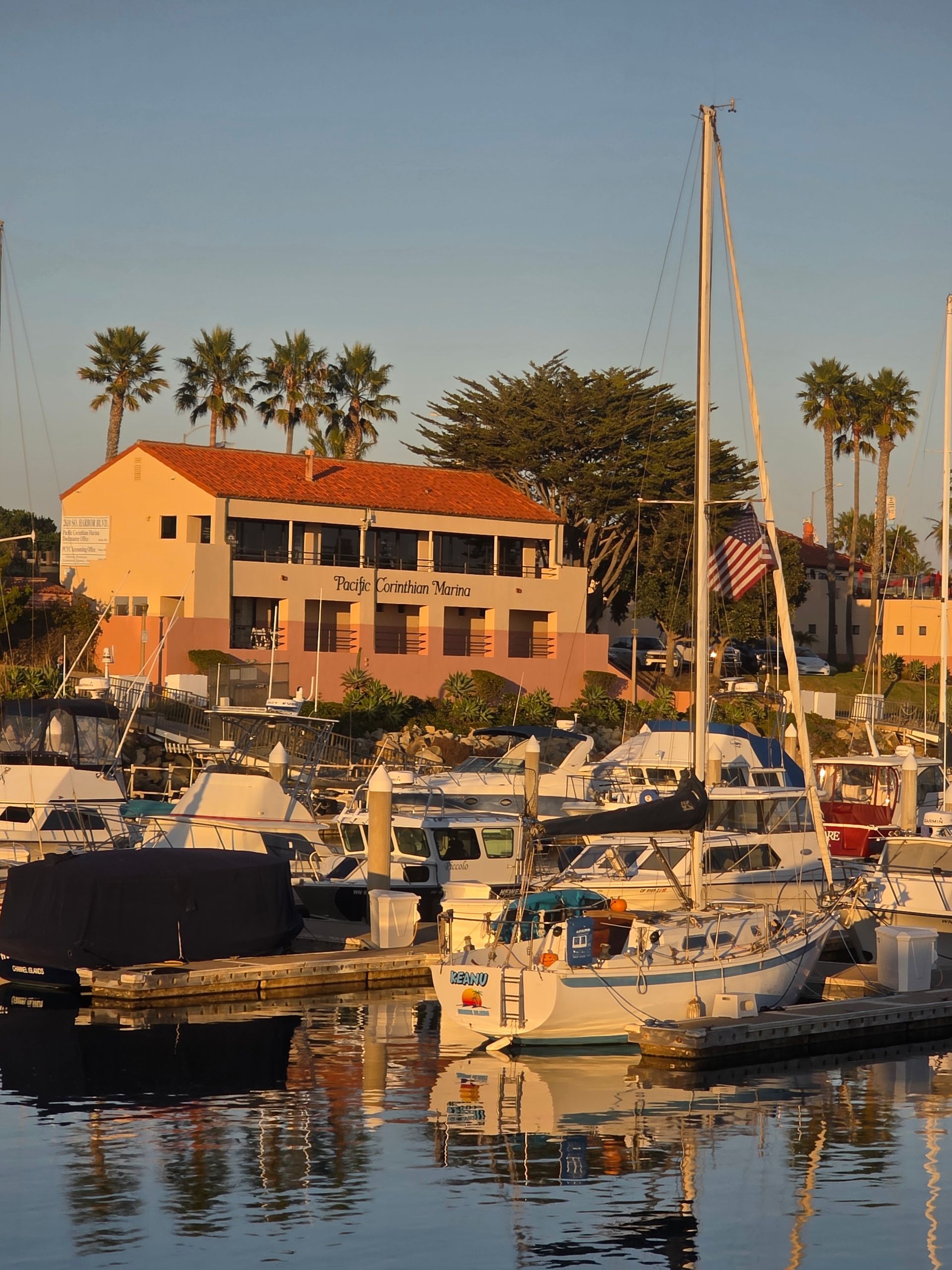 Boats docked in harbor, building with red tile roof, palm trees, sunny day, water reflections.