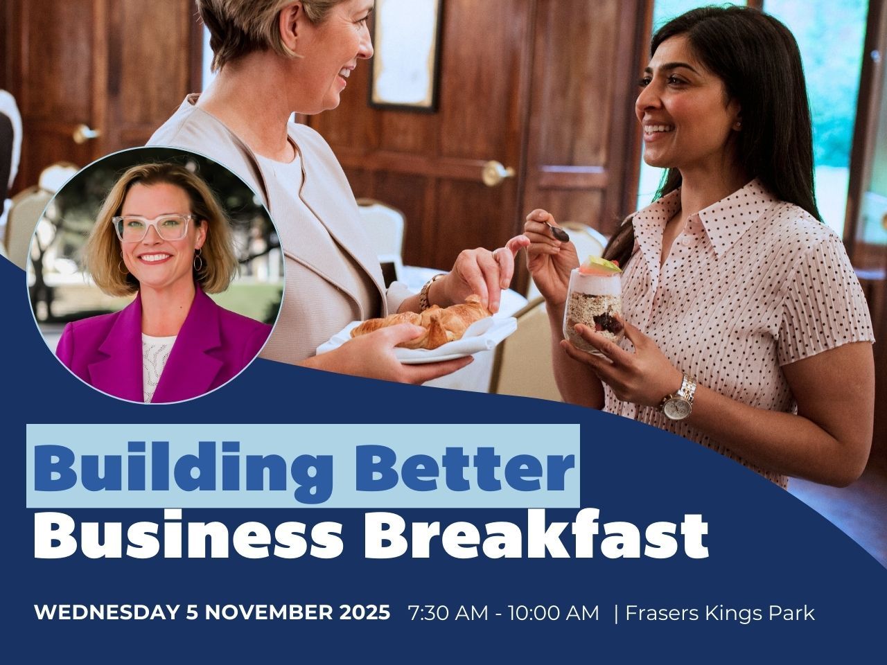 Panel discussion graphic with text and speaker headshots on a blue background.