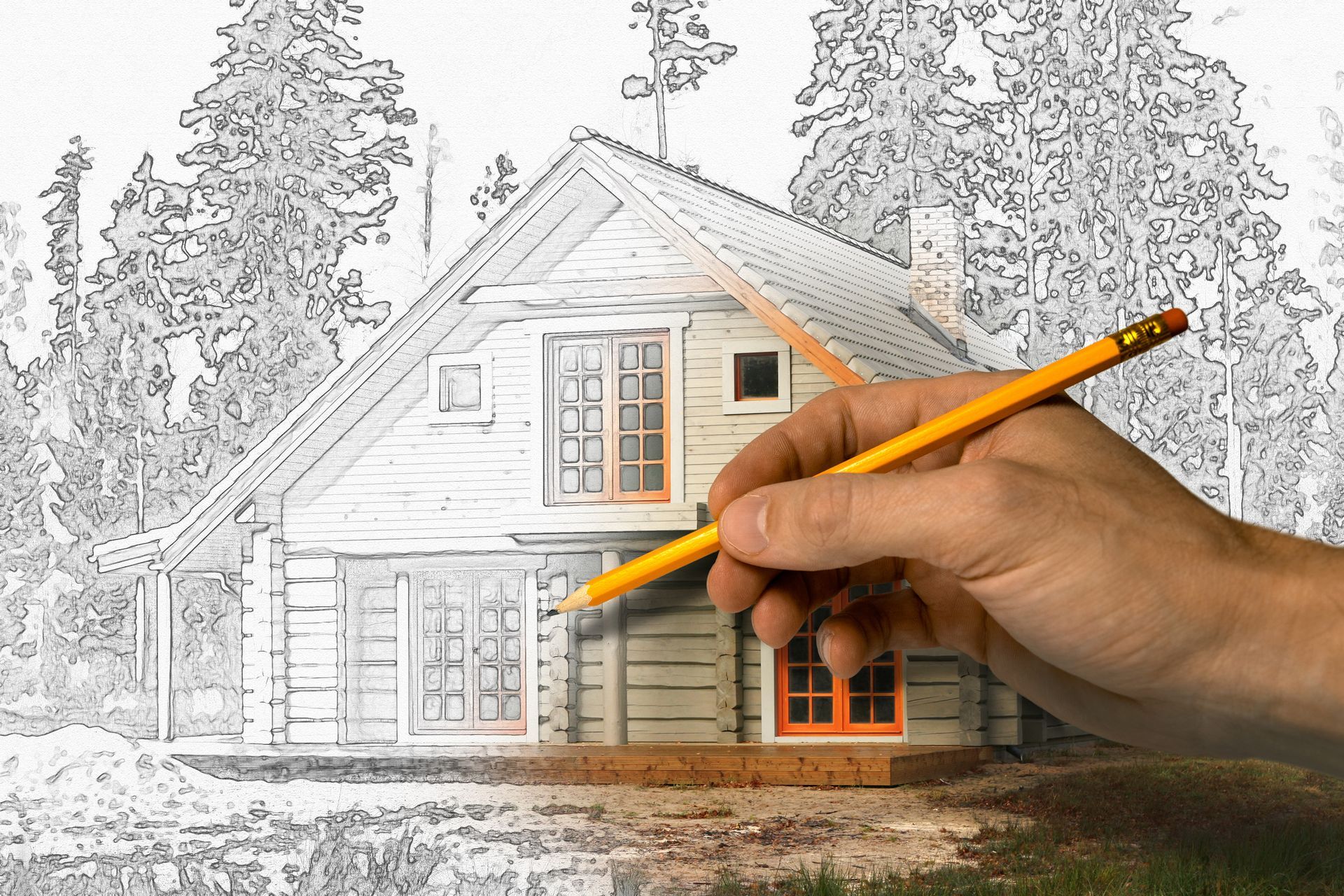 Disegno a mano di una baita in legno con una matita gialla; alberi sullo sfondo, aggiunta di colore a finestre e porta.