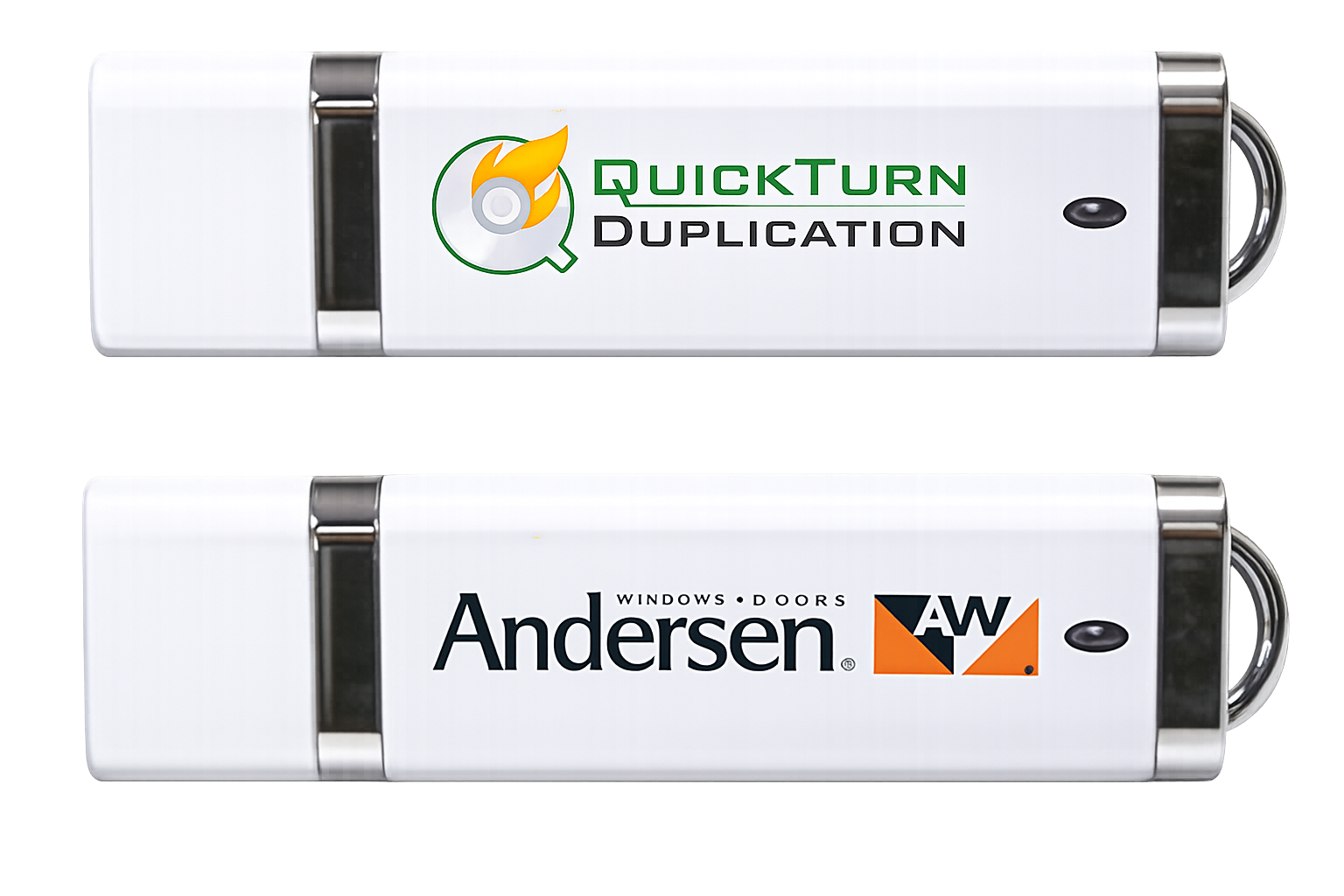 Two white USB drives; one with