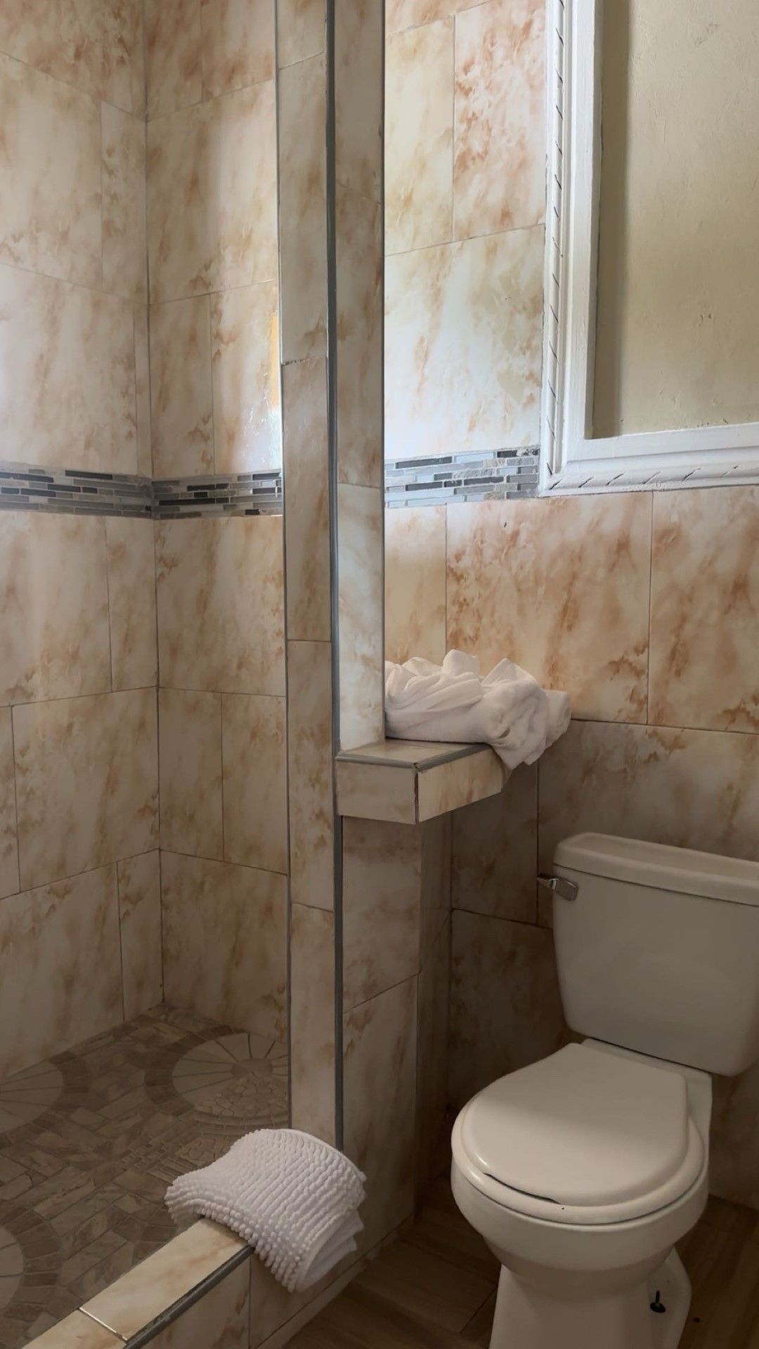 A bathroom with a toilet , shower and mirror.