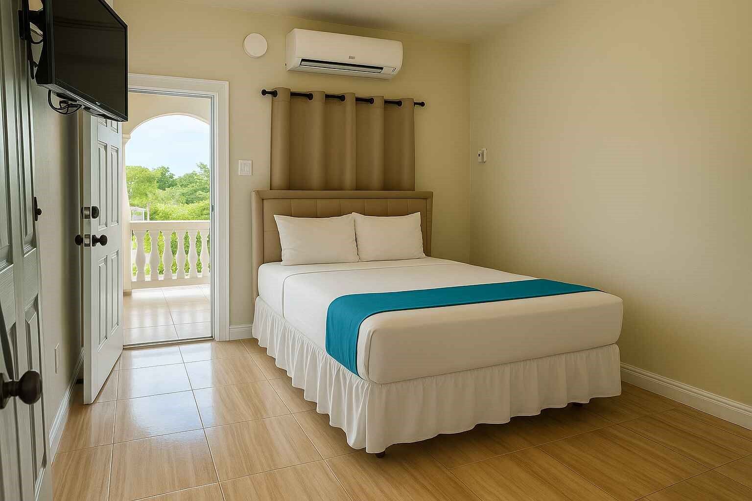 A hotel room with a bed and a television