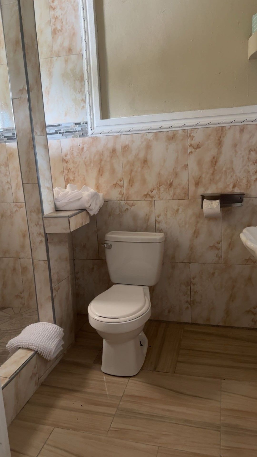 A bathroom with a toilet , sink and mirror.