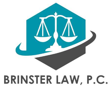 Logo for Brinster Law, P.C., featuring scales of justice within a teal hexagon, over a gray arc.