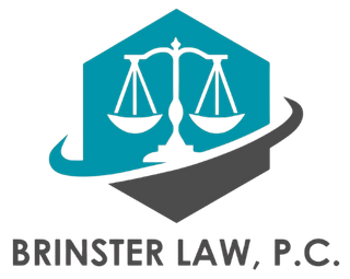 Logo for Brinster Law, P.C., featuring scales of justice within a teal hexagon, over a gray arc.