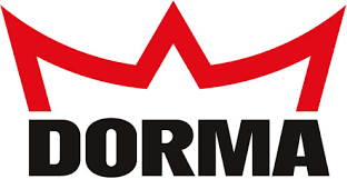A red and black dorma logo on a white background