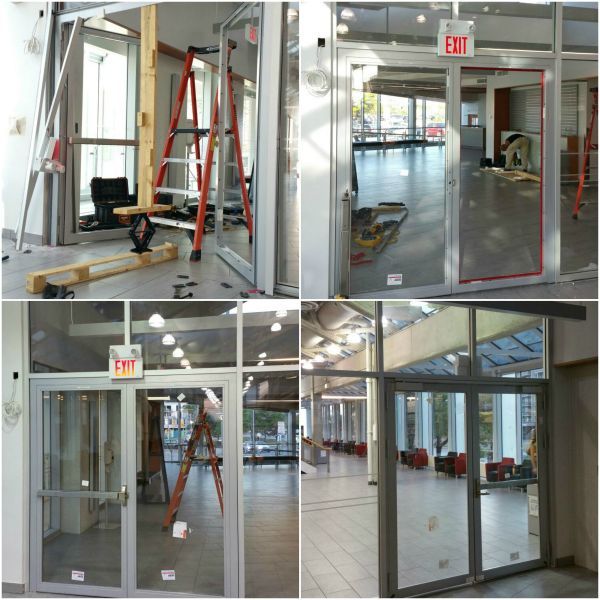 A collage of pictures of a building under construction with an exit sign