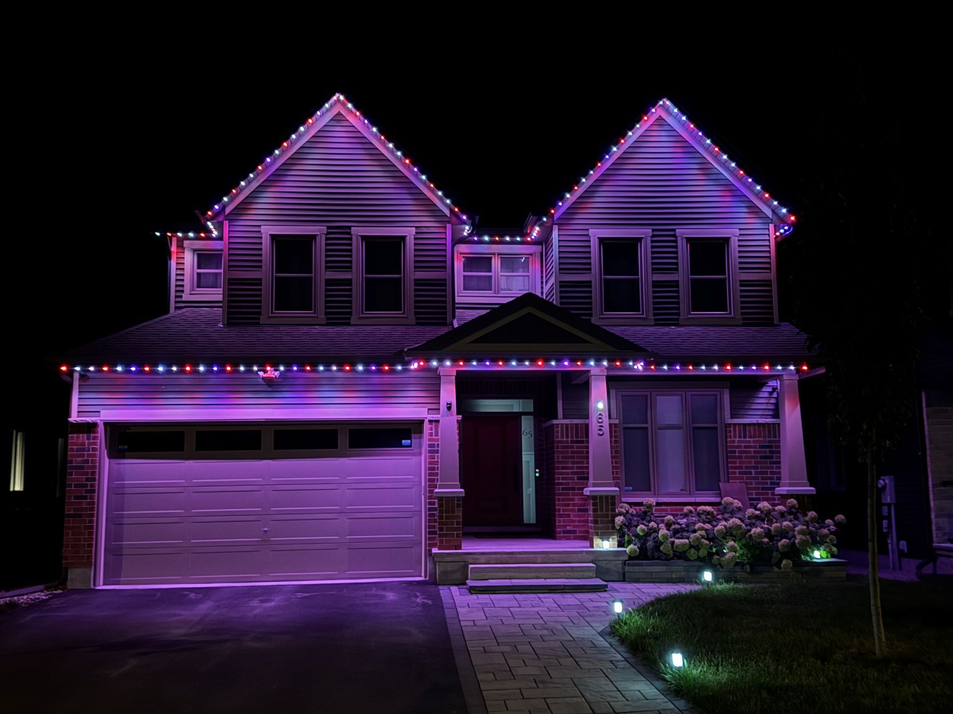 A house is lit up with purple and red christmas lights at night.