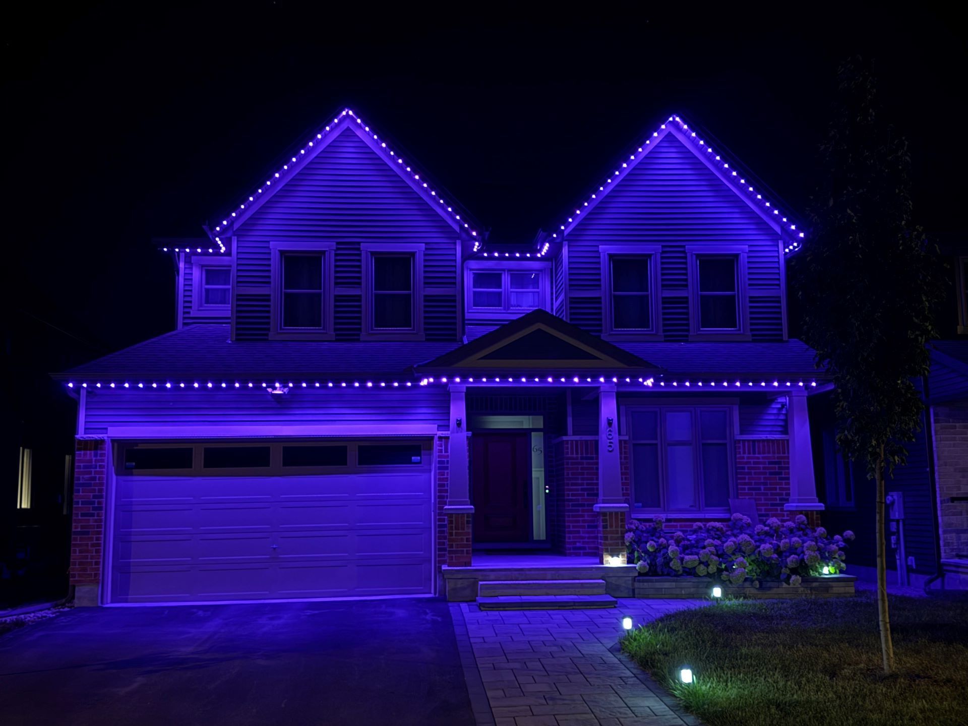 A house is lit up with purple lights at night.