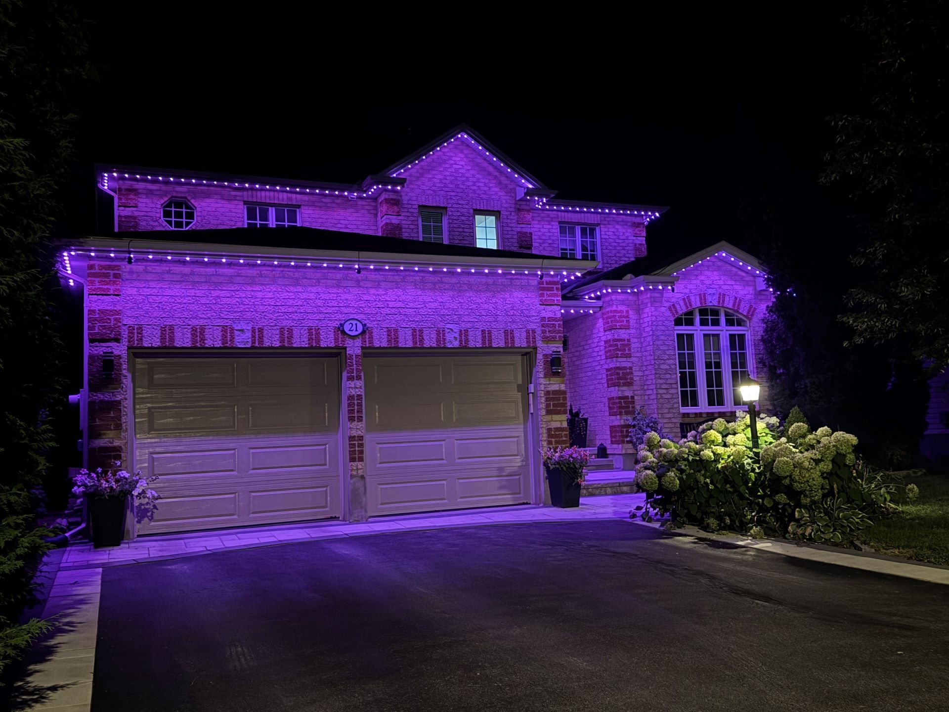 A large house is lit up with purple lights at night.