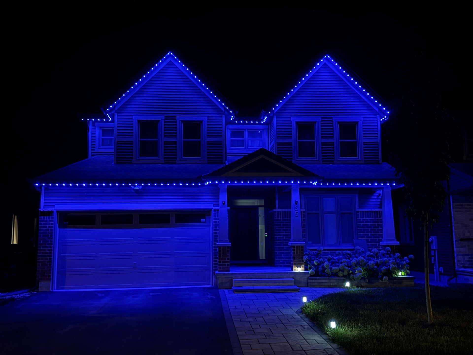 A house is lit up with blue lights at night.