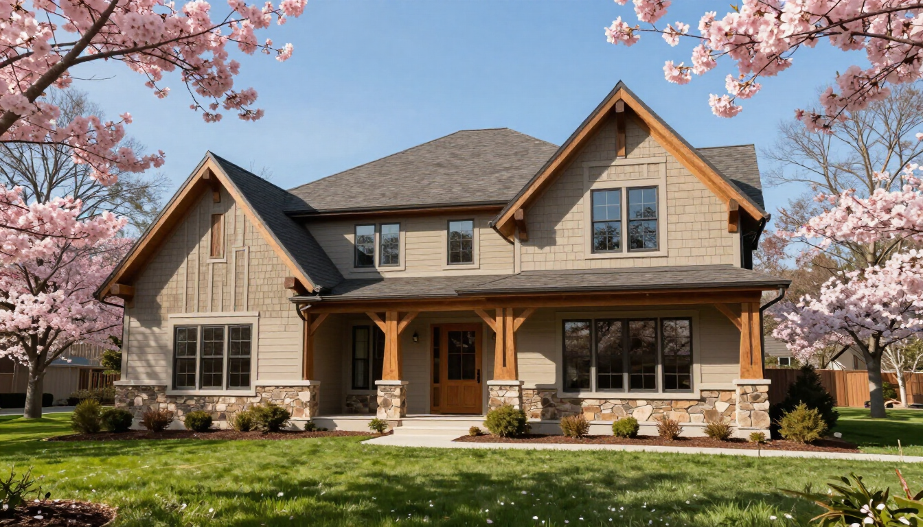 Modern new construction home with spring flowers and bright sunlight