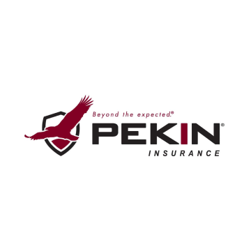 The logo for pekin insurance shows an eagle flying over a shield.