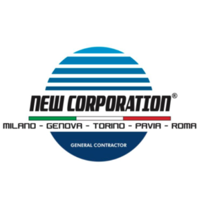 Logo per la New Corporation, un'impresa edile, con un globo terrestre e citt&agrave; italiane.