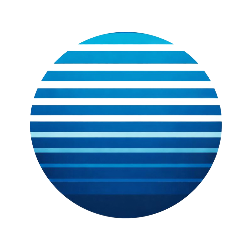 Cerchio sfumato blu con linee orizzontali, che suggerisce un sole o un orizzonte stilizzato.