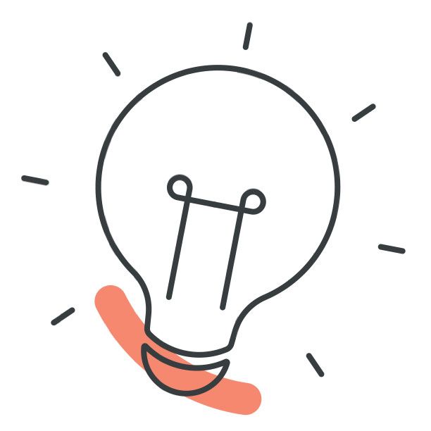 Lampadina con raggi luminosi, base evidenziata in corallo.