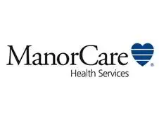 A manor care health services logo with a heart in the middle.