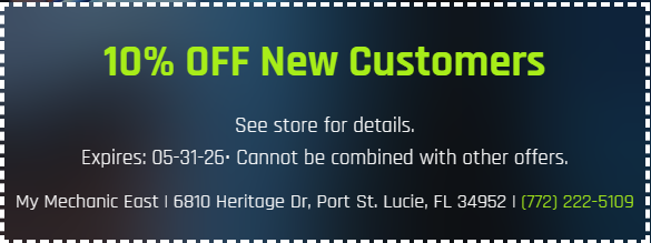 Dark blue promo banner: “10% OFF New Customers,” with coupon details and My Mechanic Test contact info.