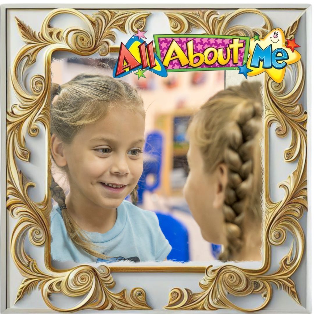 Decorative “All About Me” frame with a girl smiling at a woman in a classroom
