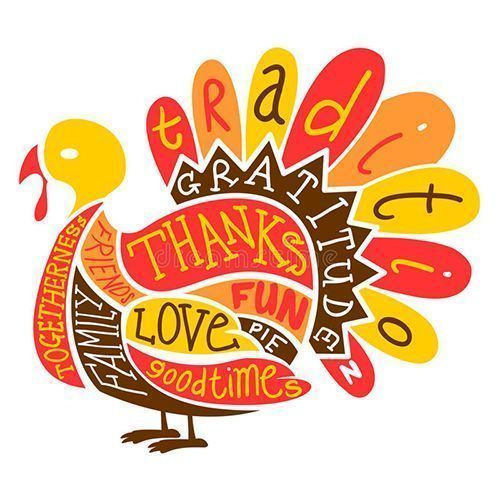 Colorful Thanksgiving turkey with words like “thanks,” “love,” and “gratitude” in its feathers