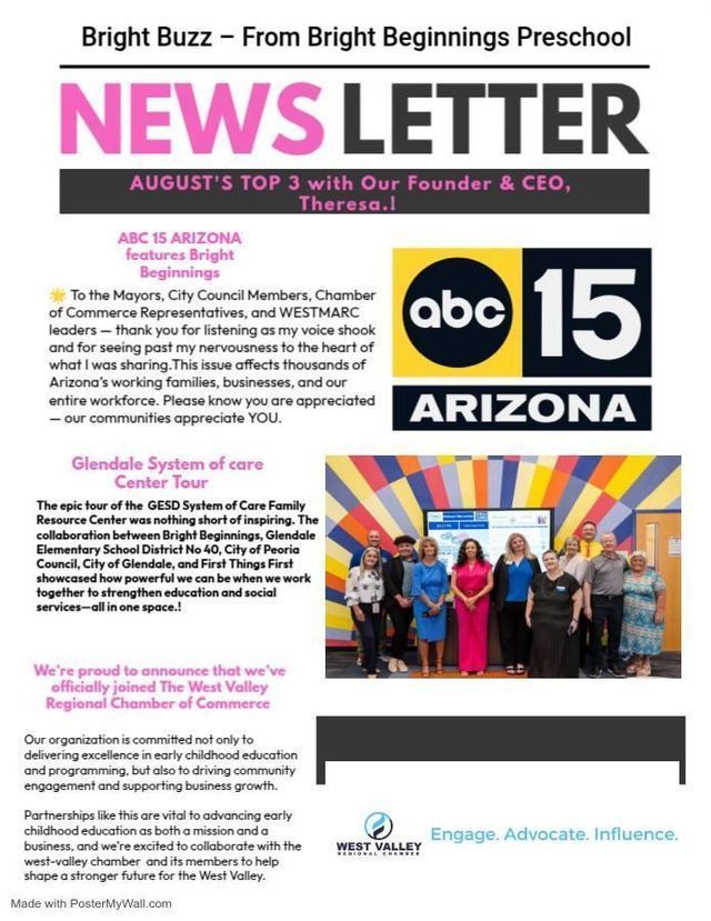 Bright Buss preschool August newsletter with ABC15 Arizona logo and a group photo of staff in front of a colorful mural
