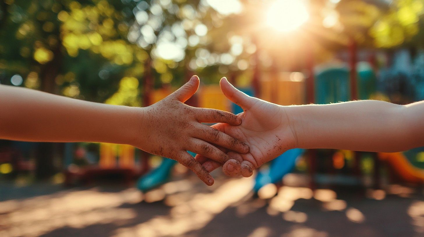 Two hands reaching to clasp outdoors with warm sunlight and playground equipment in the background