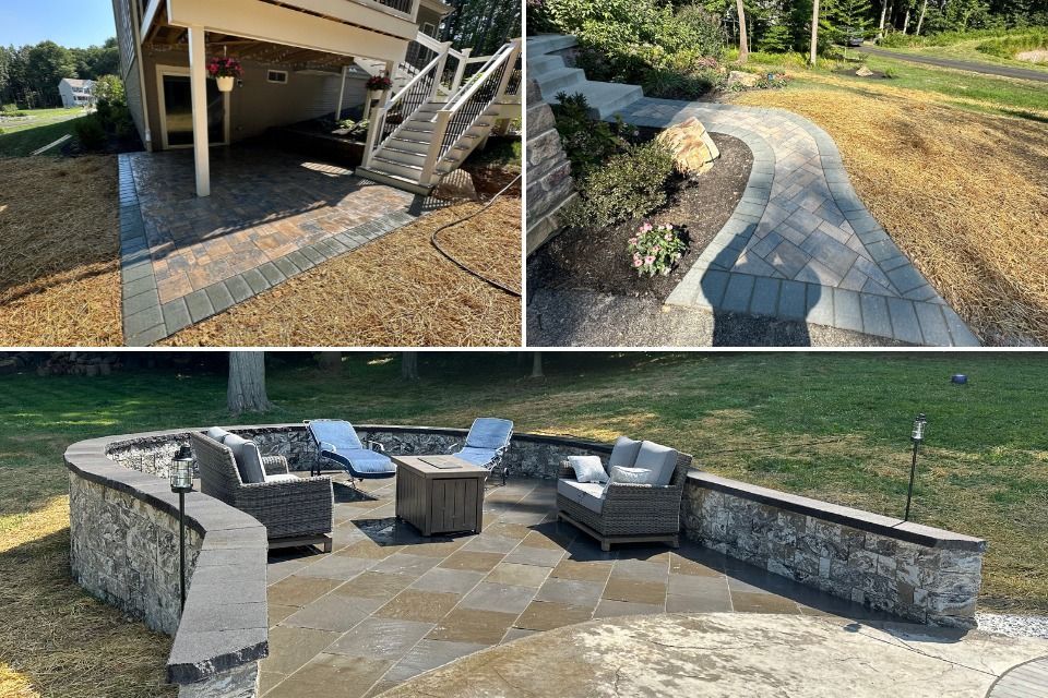 A collage of four pictures of a patio and a walkway.