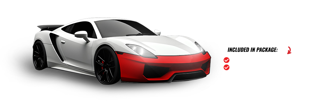 A white sports car with a red front bumper is parked on a white surface.