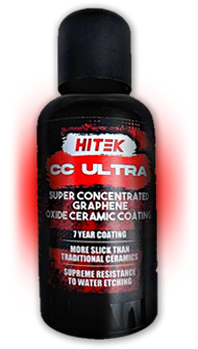 Bottle of HiTek CC Ultra ceramic coating with red accents. The label highlights graphene oxide, and water etching resistance.