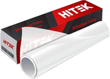 Roll of white window film with a black and red HITEK box. The box is partially open.