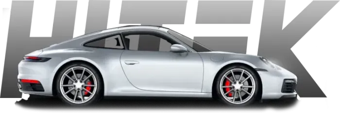 Silver Porsche sports car with red brake calipers.