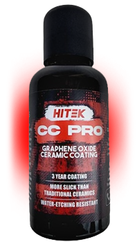 Bottle of HITEK CC PRO Graphene Oxide Ceramic Coating. Black bottle with red and white labels. Includes text about 3-year coating and water-etching resistance.