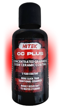 Black bottle of HITEK CC PLUS concentrated graphene oxide ceramic coating. It has a black cap and red accents, with text indicating a 5-year coating.